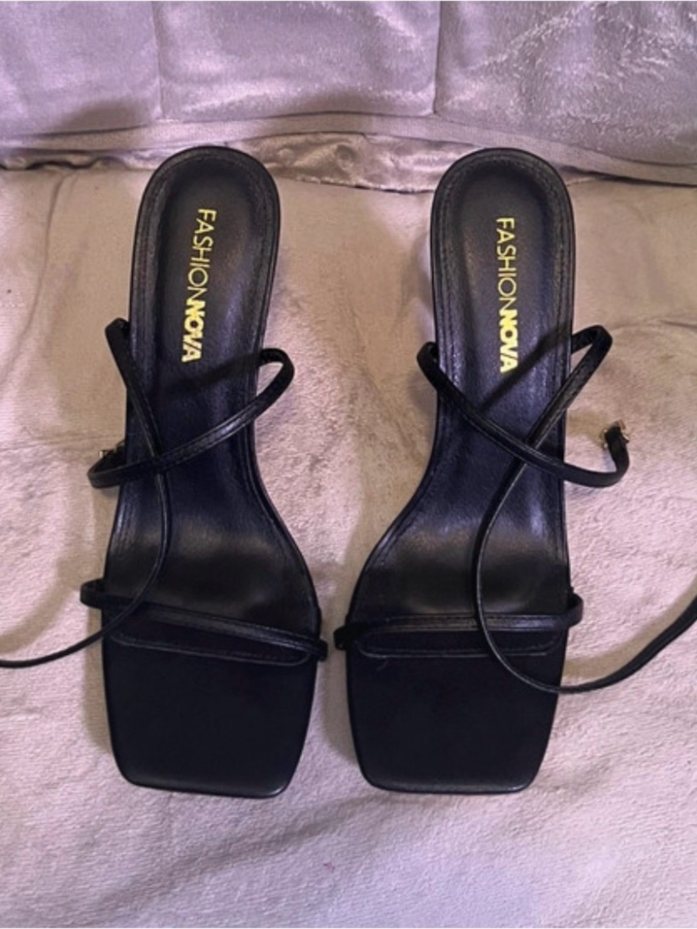 Fashion Nova Shoes Gold 3 1/2 Inch Heels Black Sandals Open Square Toe
